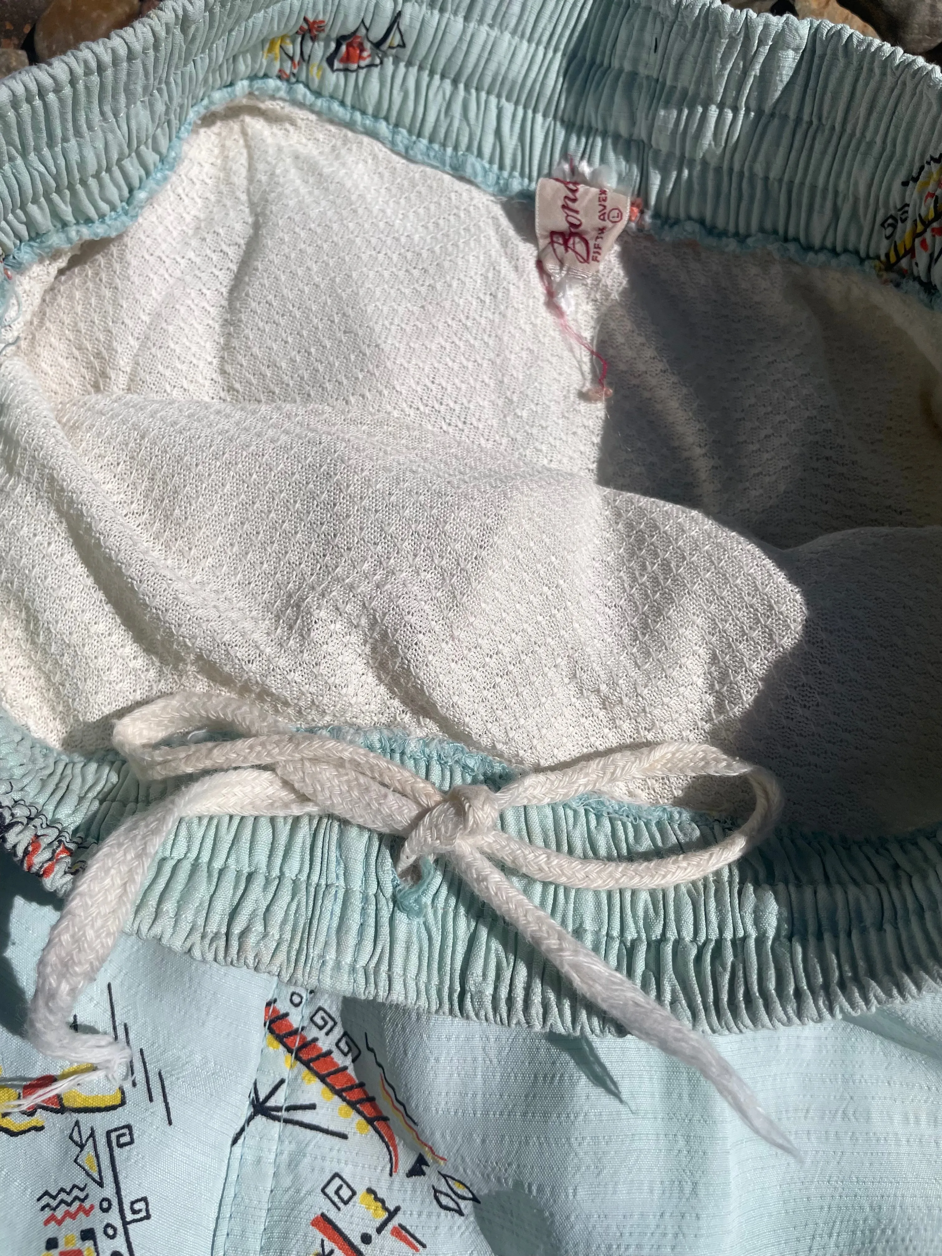 1940s Minty Seafoam Hawaiiana Print Summer Swim/Play Shorts