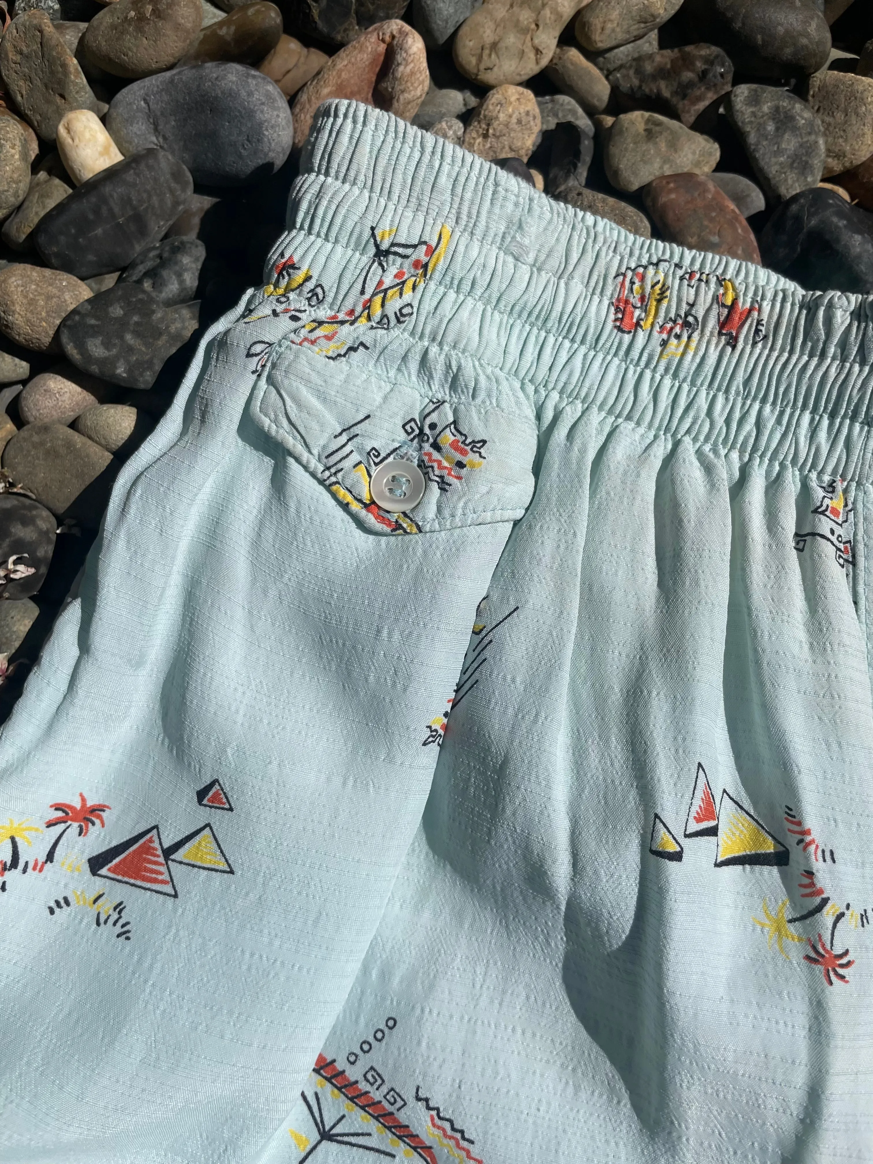 1940s Minty Seafoam Hawaiiana Print Summer Swim/Play Shorts