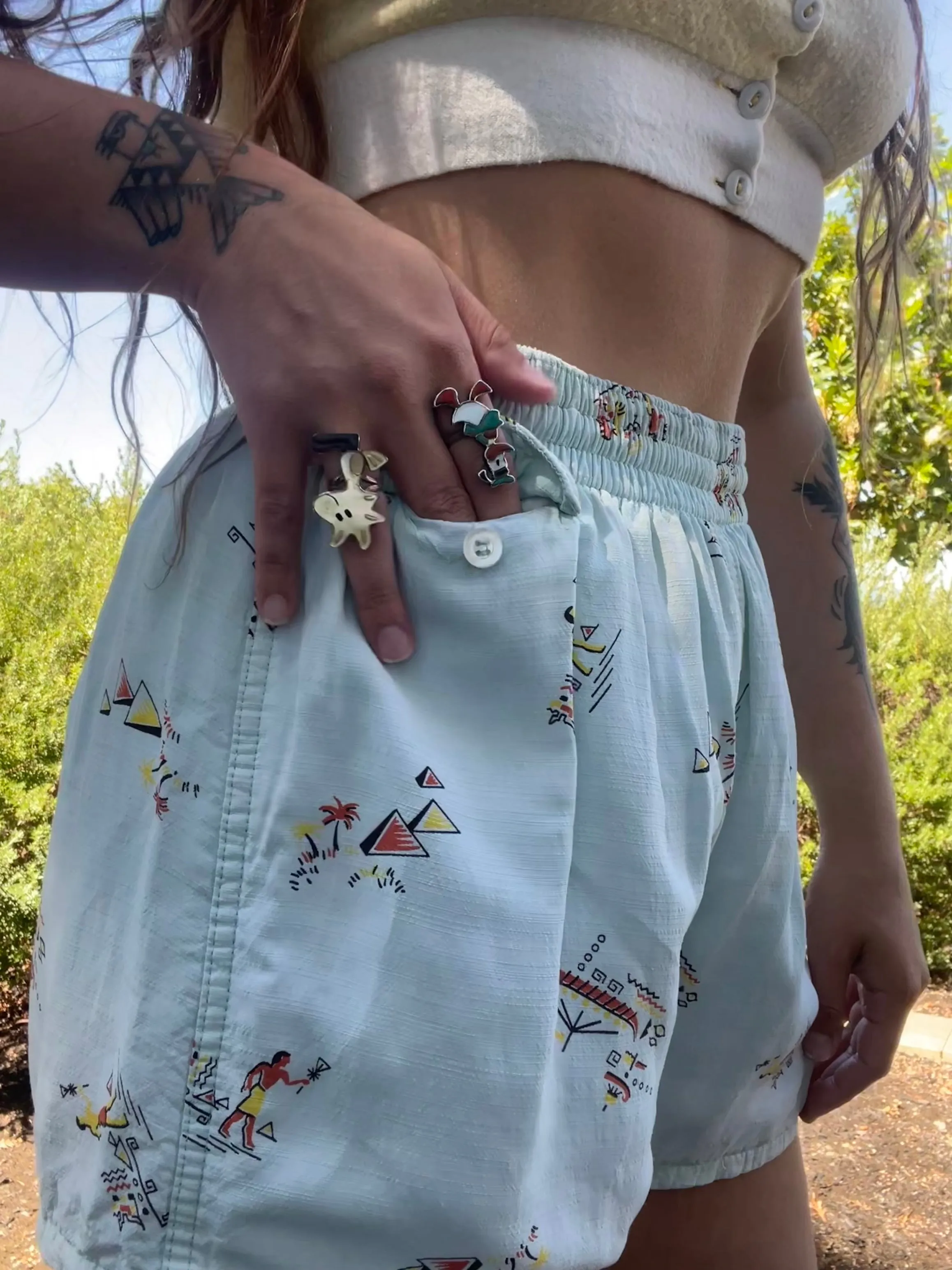 1940s Minty Seafoam Hawaiiana Print Summer Swim/Play Shorts