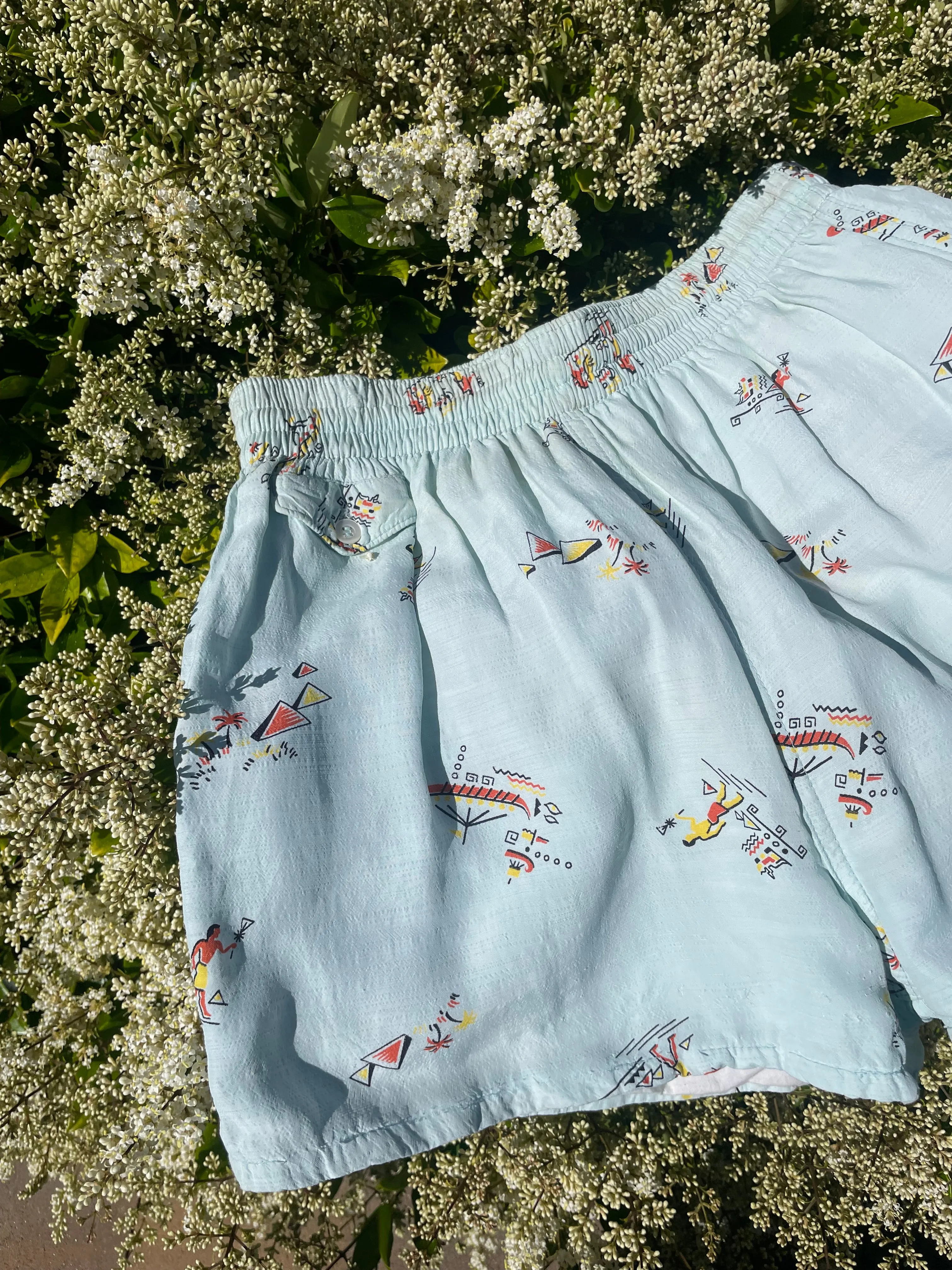 1940s Minty Seafoam Hawaiiana Print Summer Swim/Play Shorts