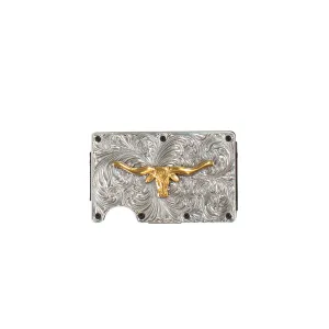 3D Silver Engraved Utility Wallet with Gold Longhorn Motif