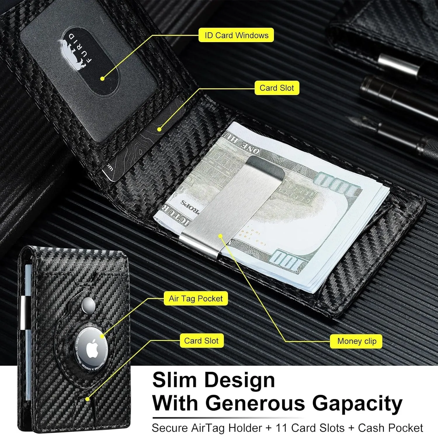 Airtag Wallet Men RFID Blocking Bifold Wallet with Airtag Holder