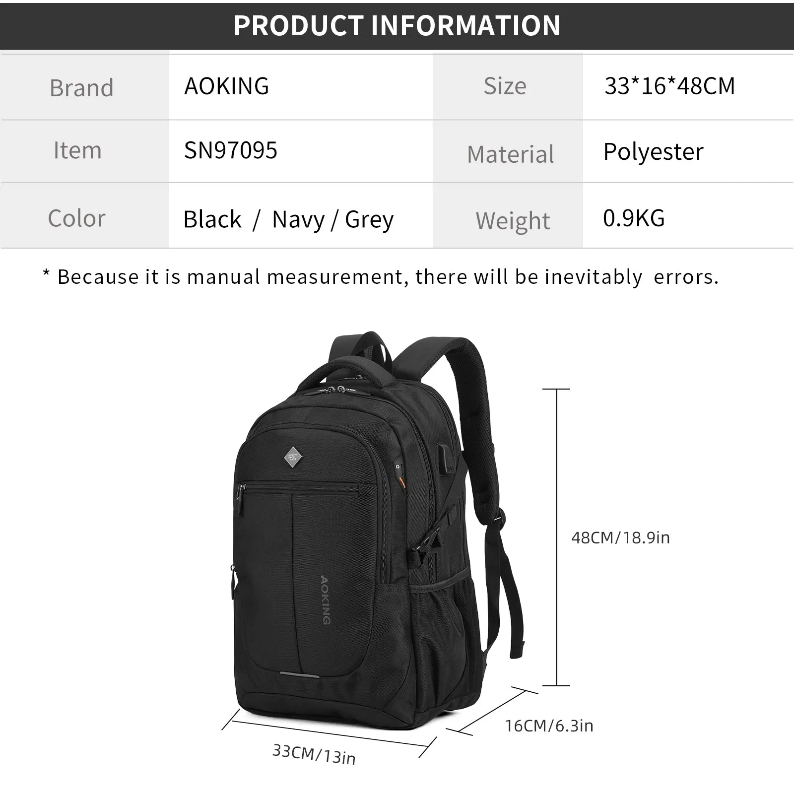Aoking 15.6''Laptop Business Office Backpack Large Capacity Backpack SN97095