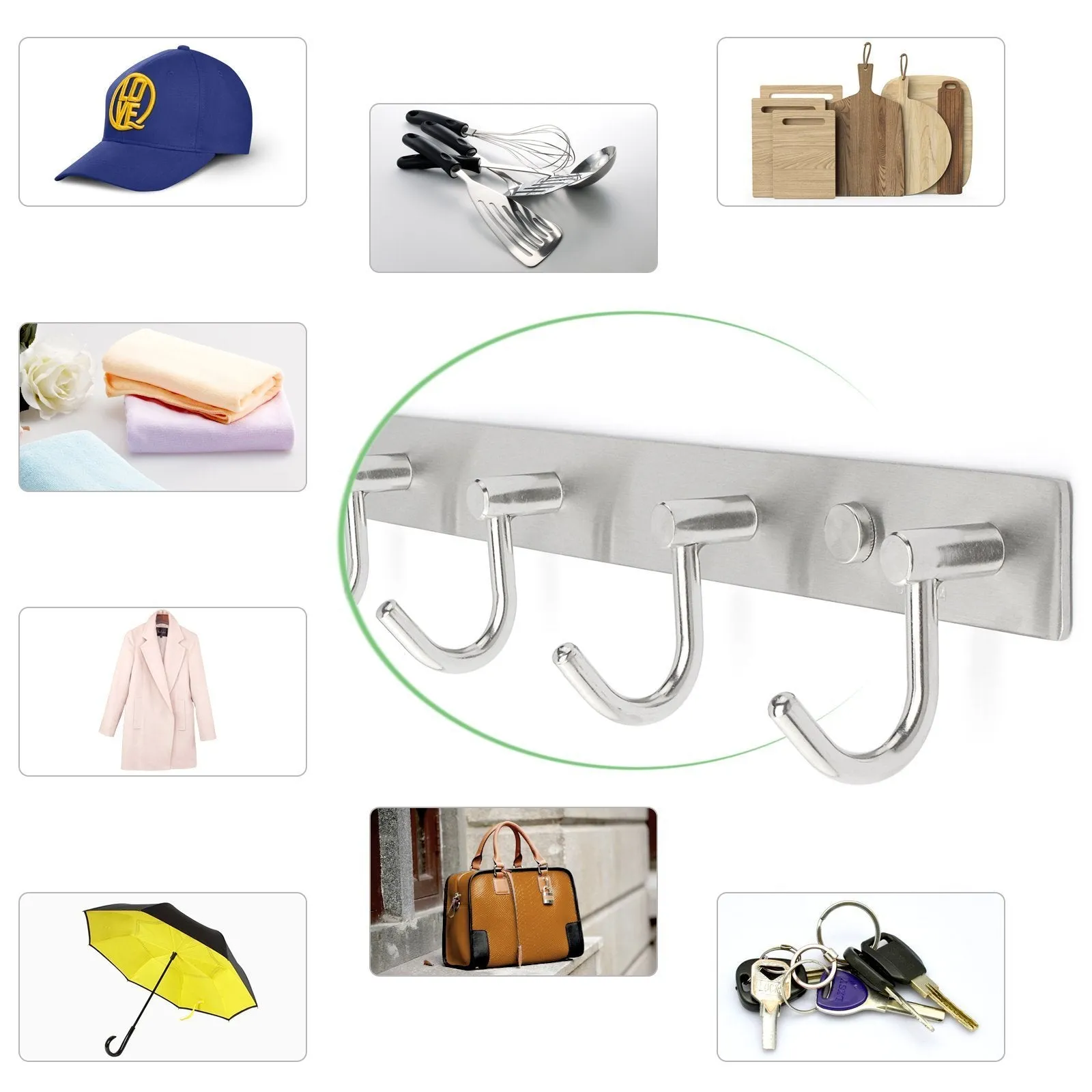 Arks Royal Wall Coat Hooks Solid Stainless Steel Hanger Rail Durable Hook Rack for Clothes, Bags or Keys, Brushed Stainless Steel Finish, 8 Hooks
