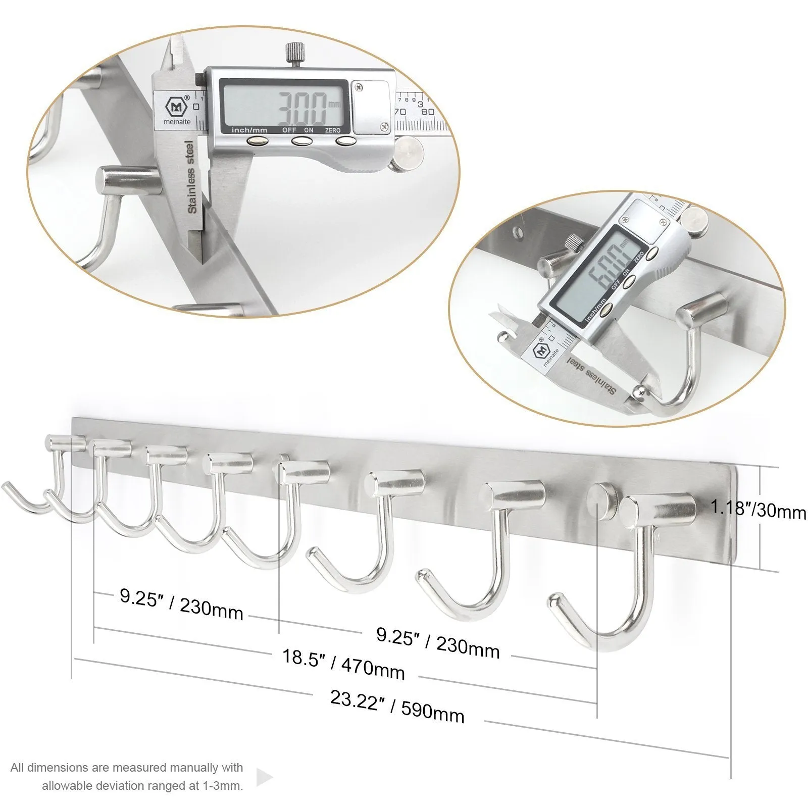 Arks Royal Wall Coat Hooks Solid Stainless Steel Hanger Rail Durable Hook Rack for Clothes, Bags or Keys, Brushed Stainless Steel Finish, 8 Hooks