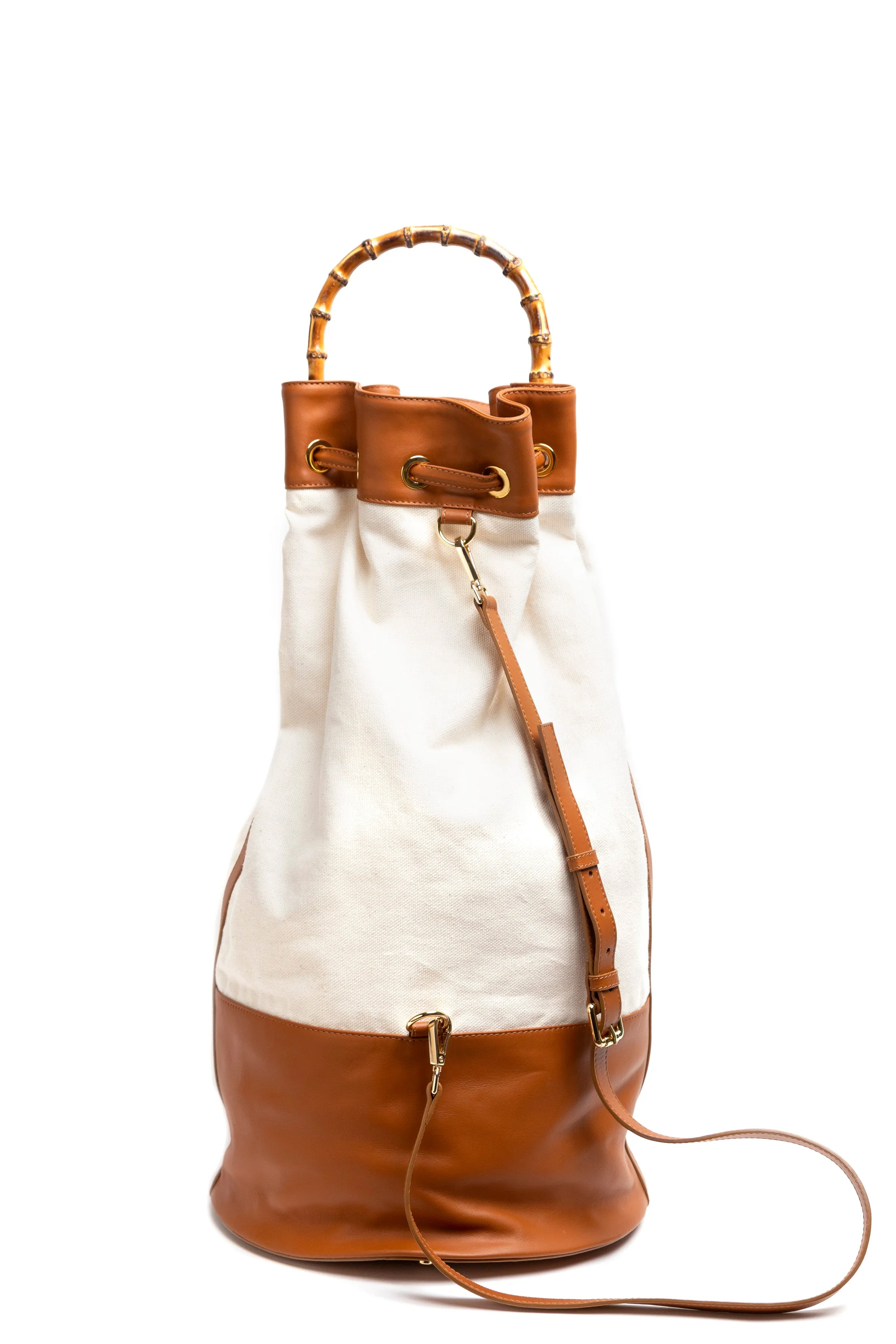 ATLAS Double Canvas & Caramel Leather Sailor Bag w/ Bamboo Handle