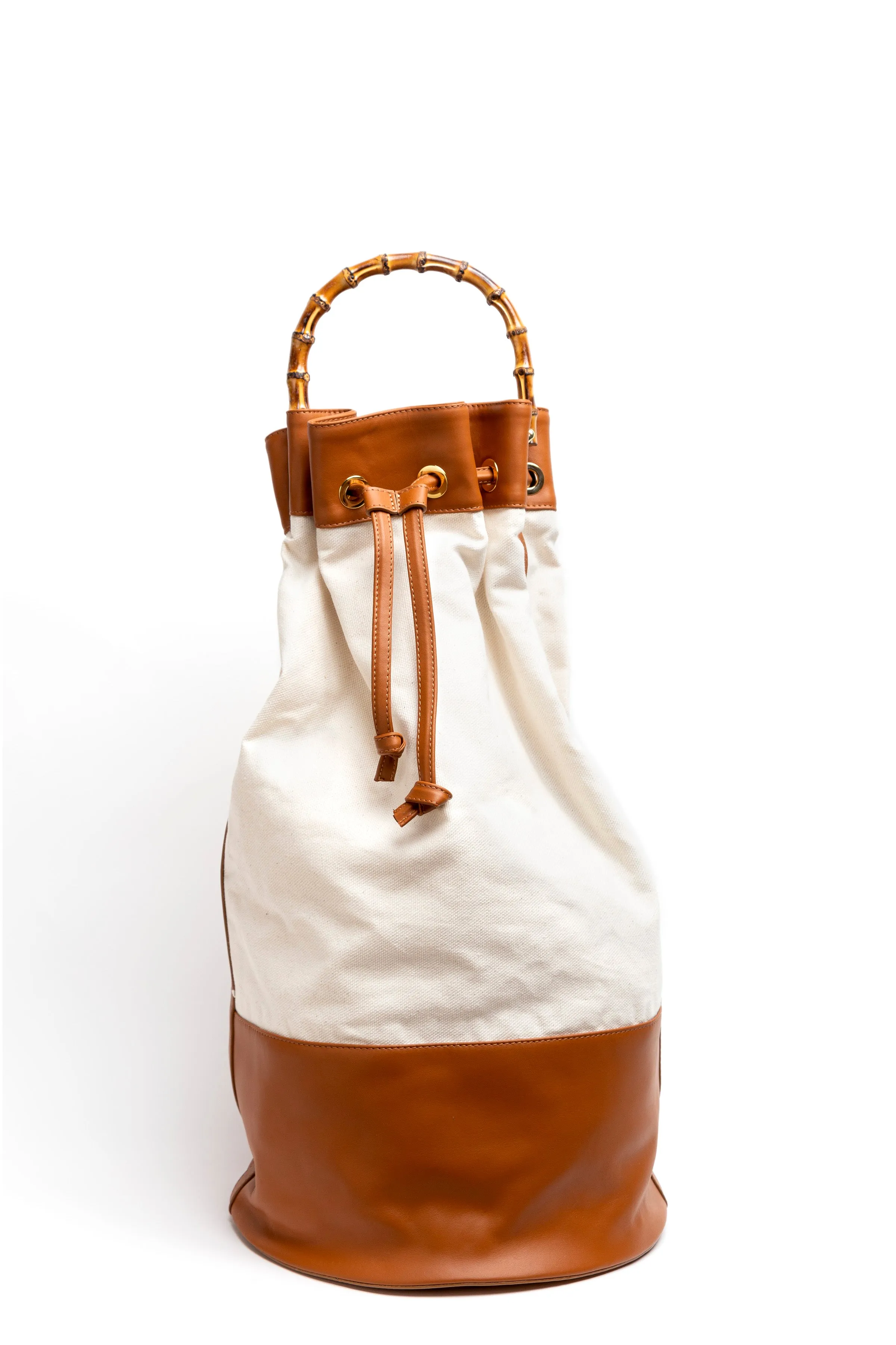 ATLAS Double Canvas & Caramel Leather Sailor Bag w/ Bamboo Handle
