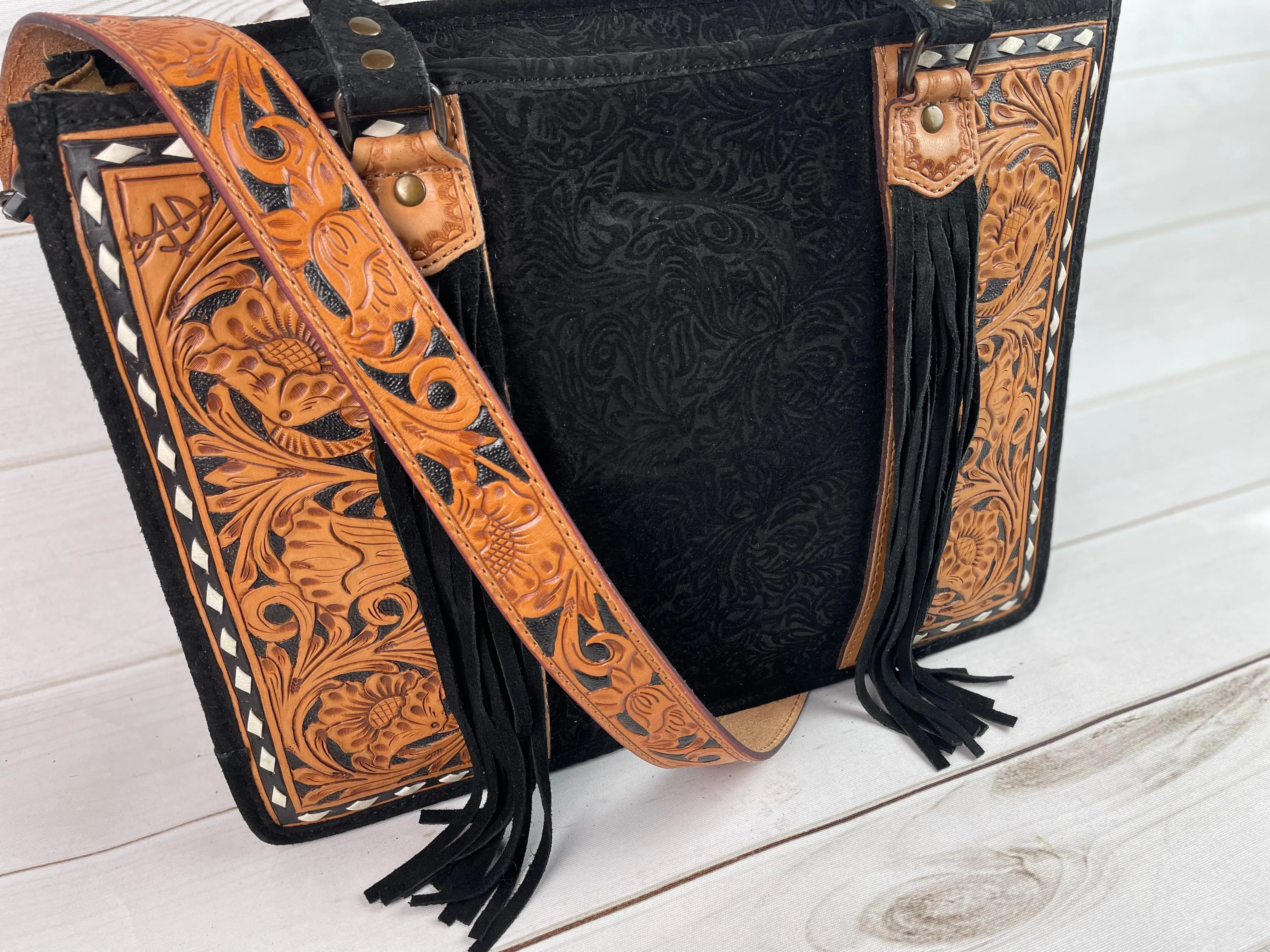 Black Canyon Suede Brocade Large Tote with Leather Floral Tooling
