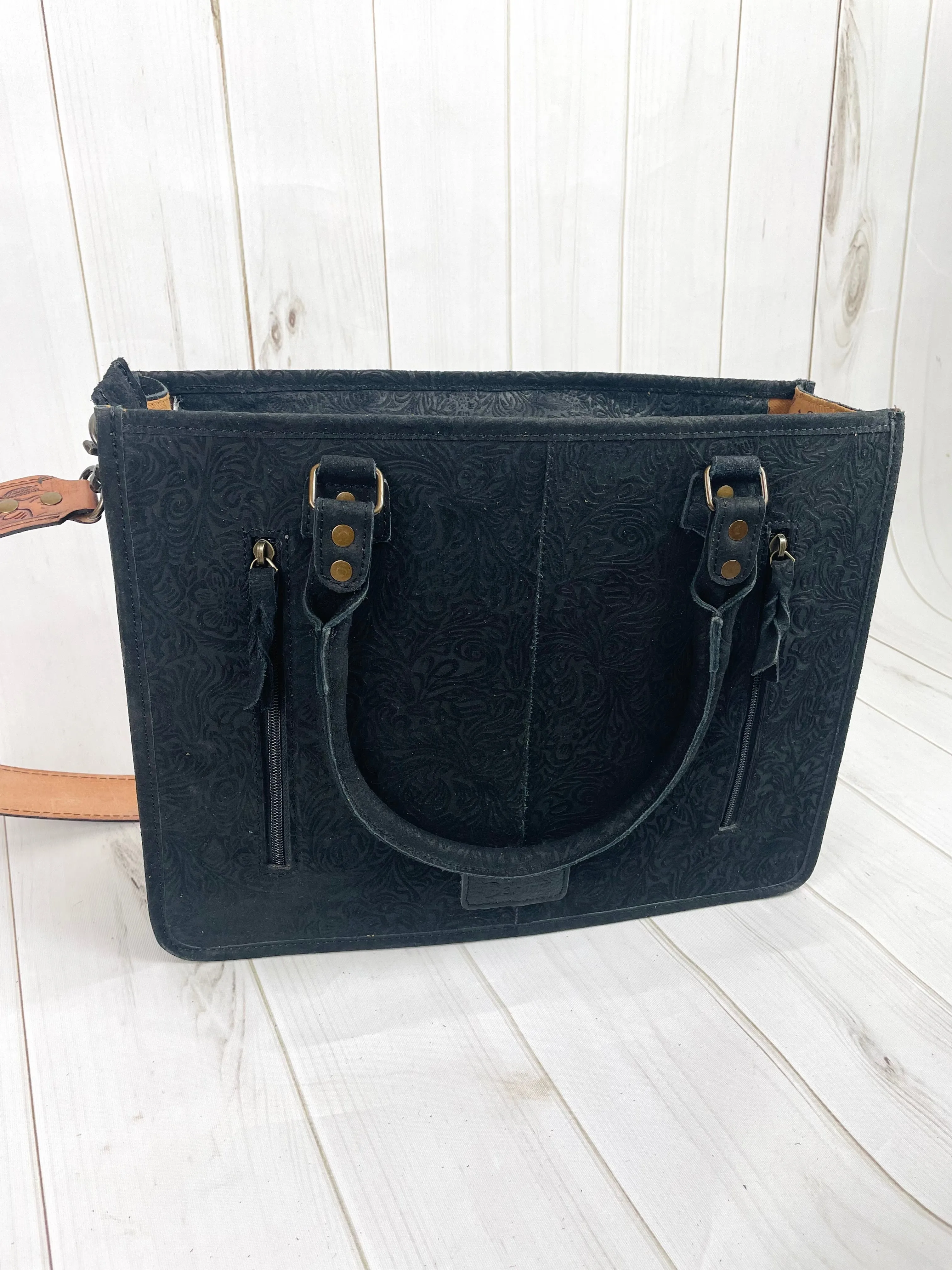 Black Canyon Suede Brocade Large Tote with Leather Floral Tooling
