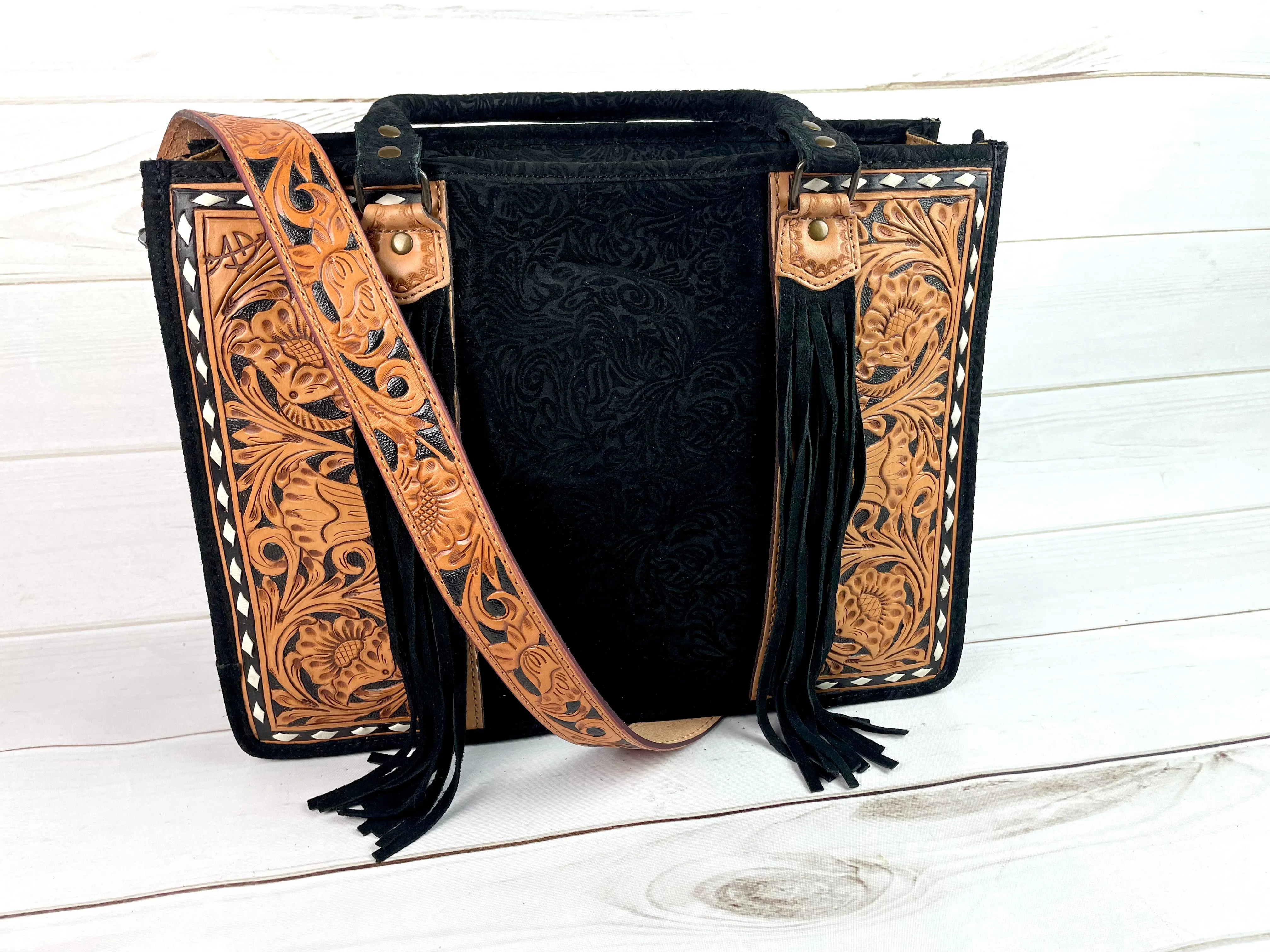 Black Canyon Suede Brocade Large Tote with Leather Floral Tooling