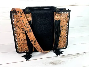 Black Canyon Suede Brocade Large Tote with Leather Floral Tooling
