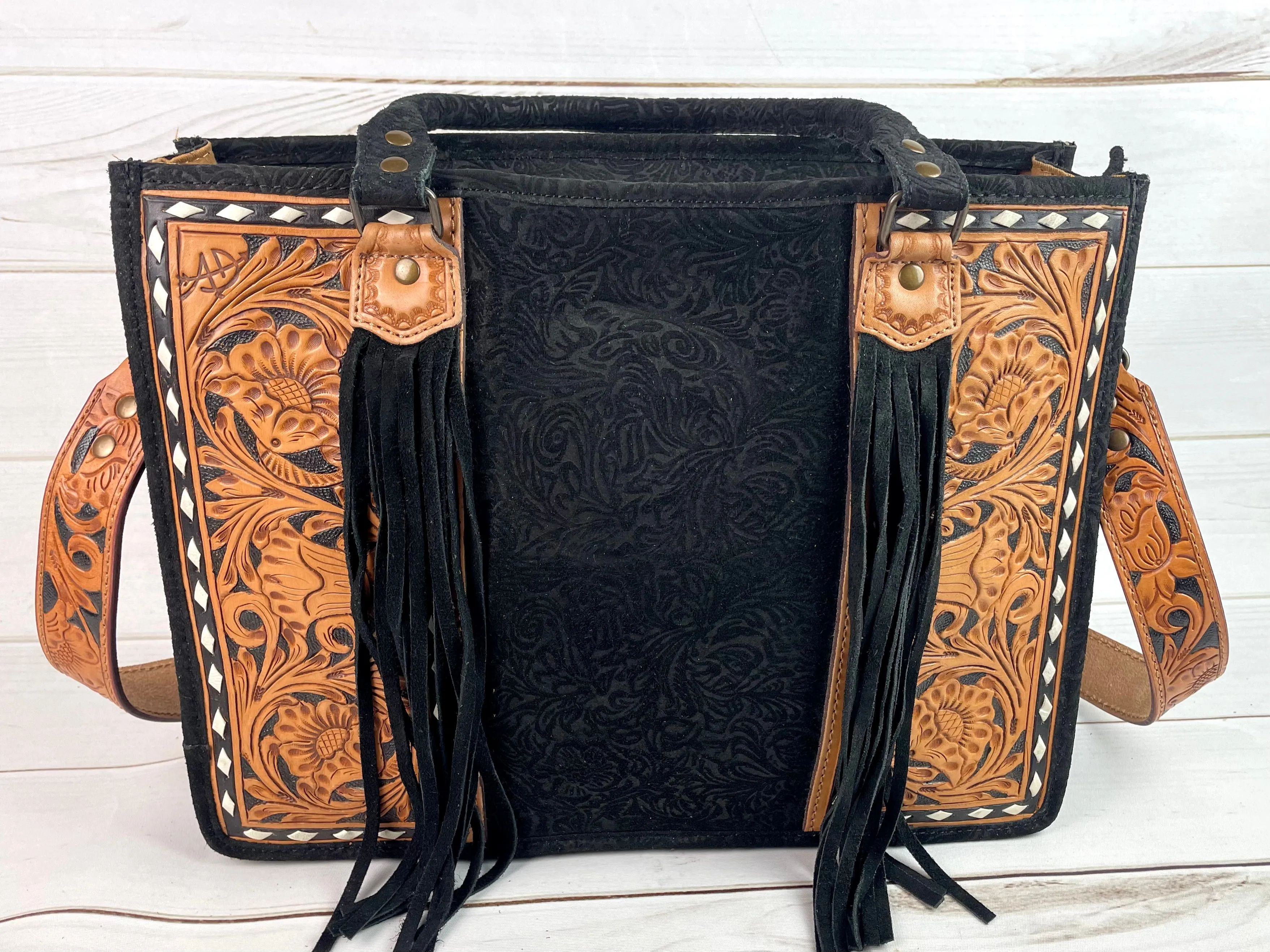 Black Canyon Suede Brocade Large Tote with Leather Floral Tooling
