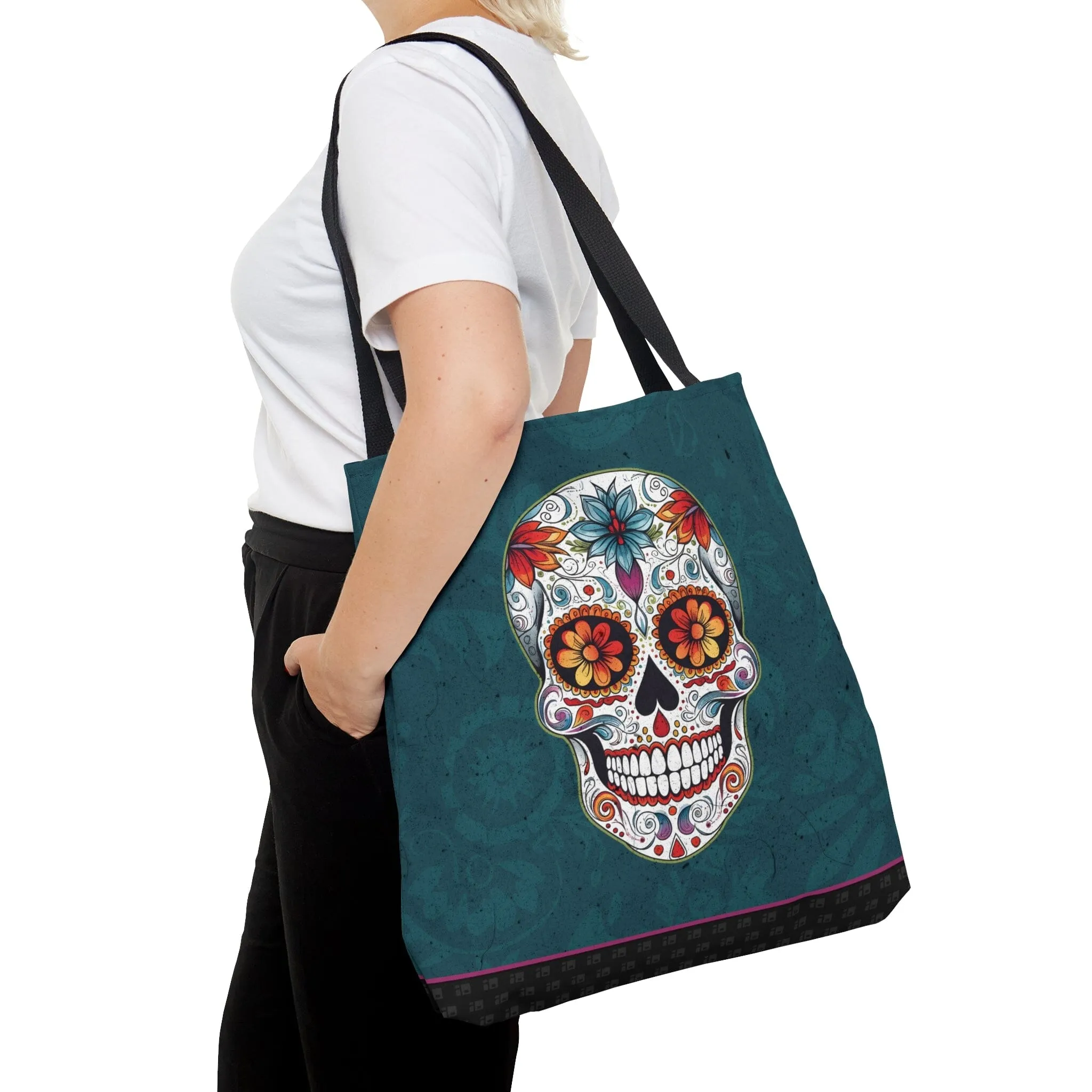 Blue Traditional Mexican Sugar Skull Tattoo Tote Bag