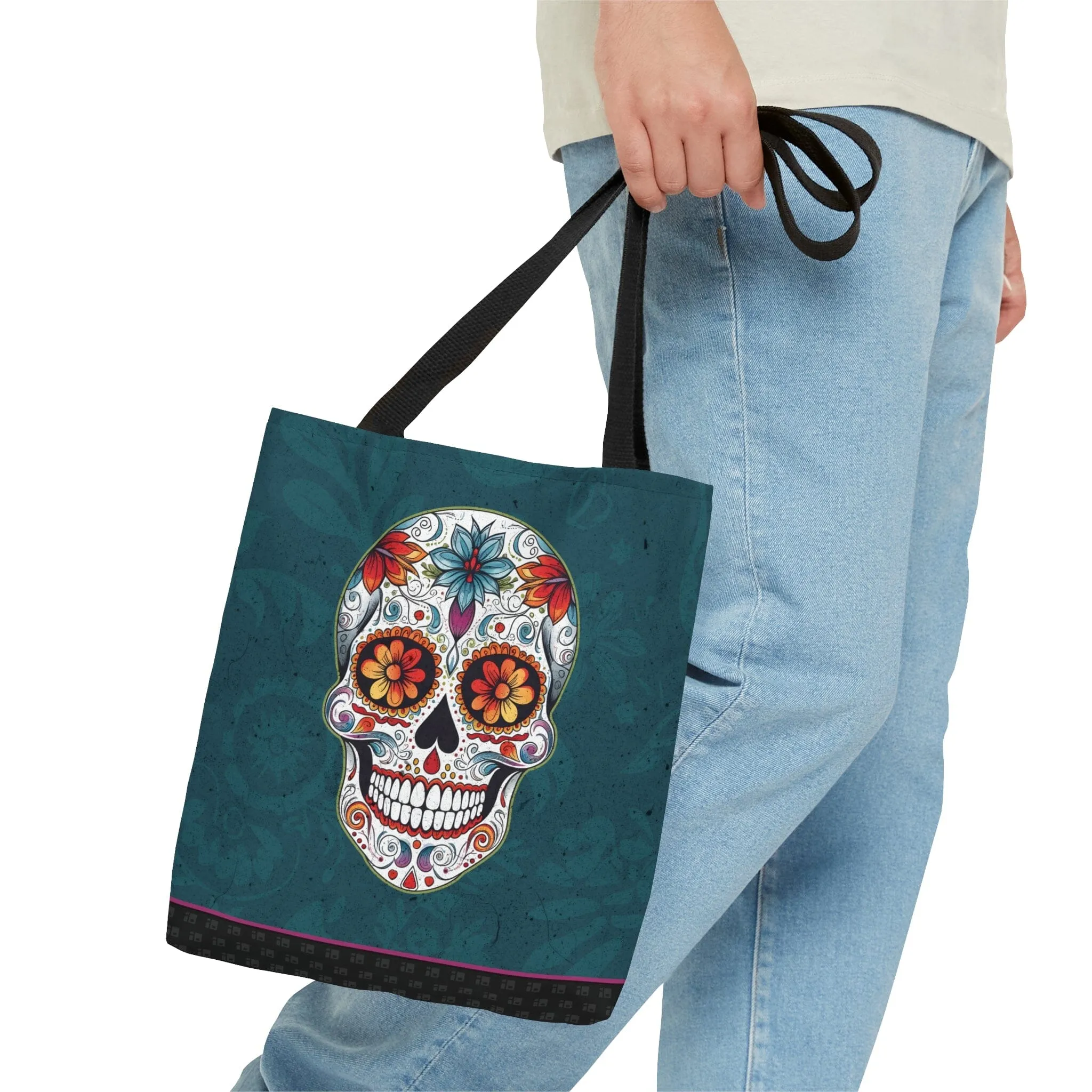 Blue Traditional Mexican Sugar Skull Tattoo Tote Bag