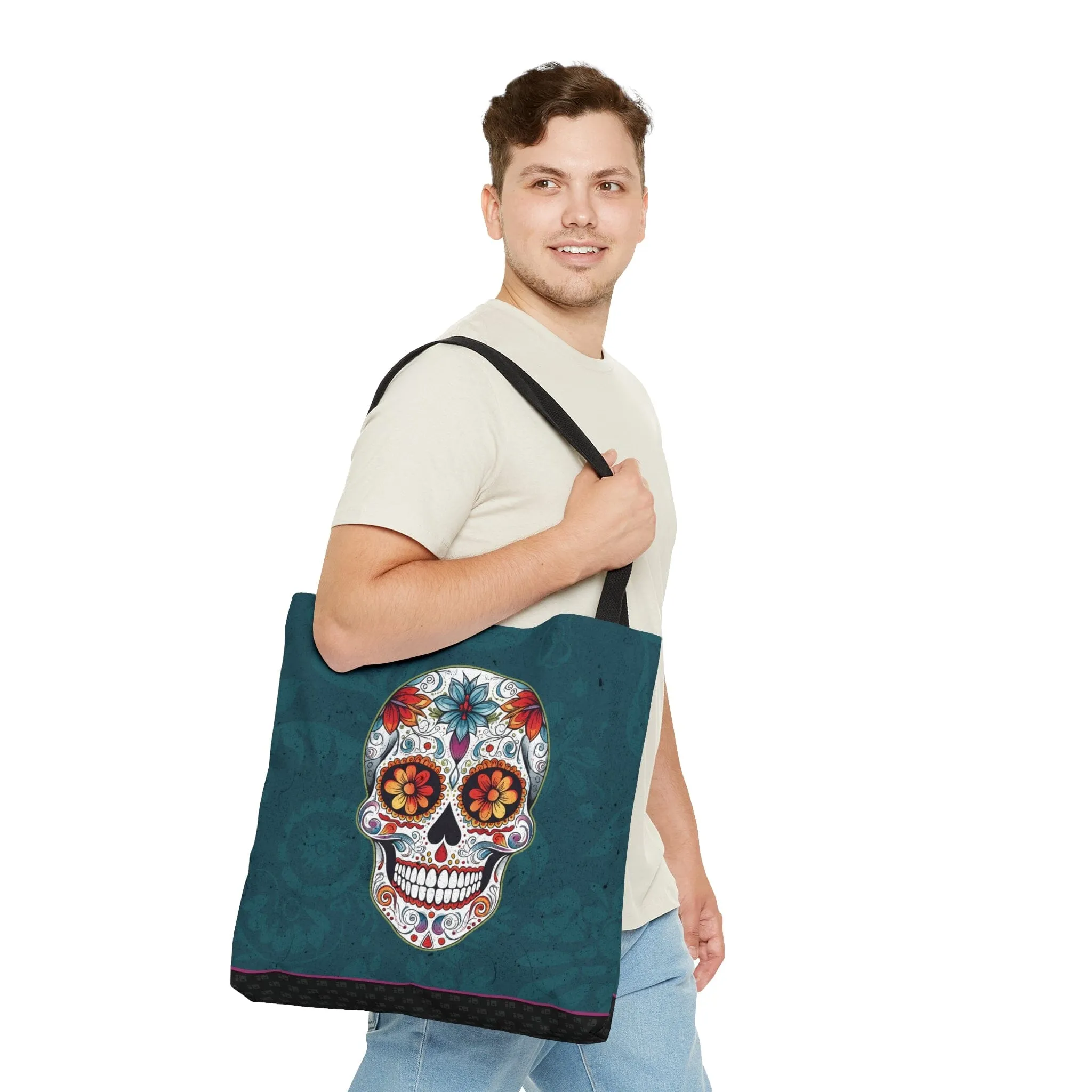 Blue Traditional Mexican Sugar Skull Tattoo Tote Bag