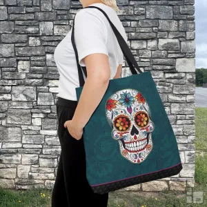 Blue Traditional Mexican Sugar Skull Tattoo Tote Bag