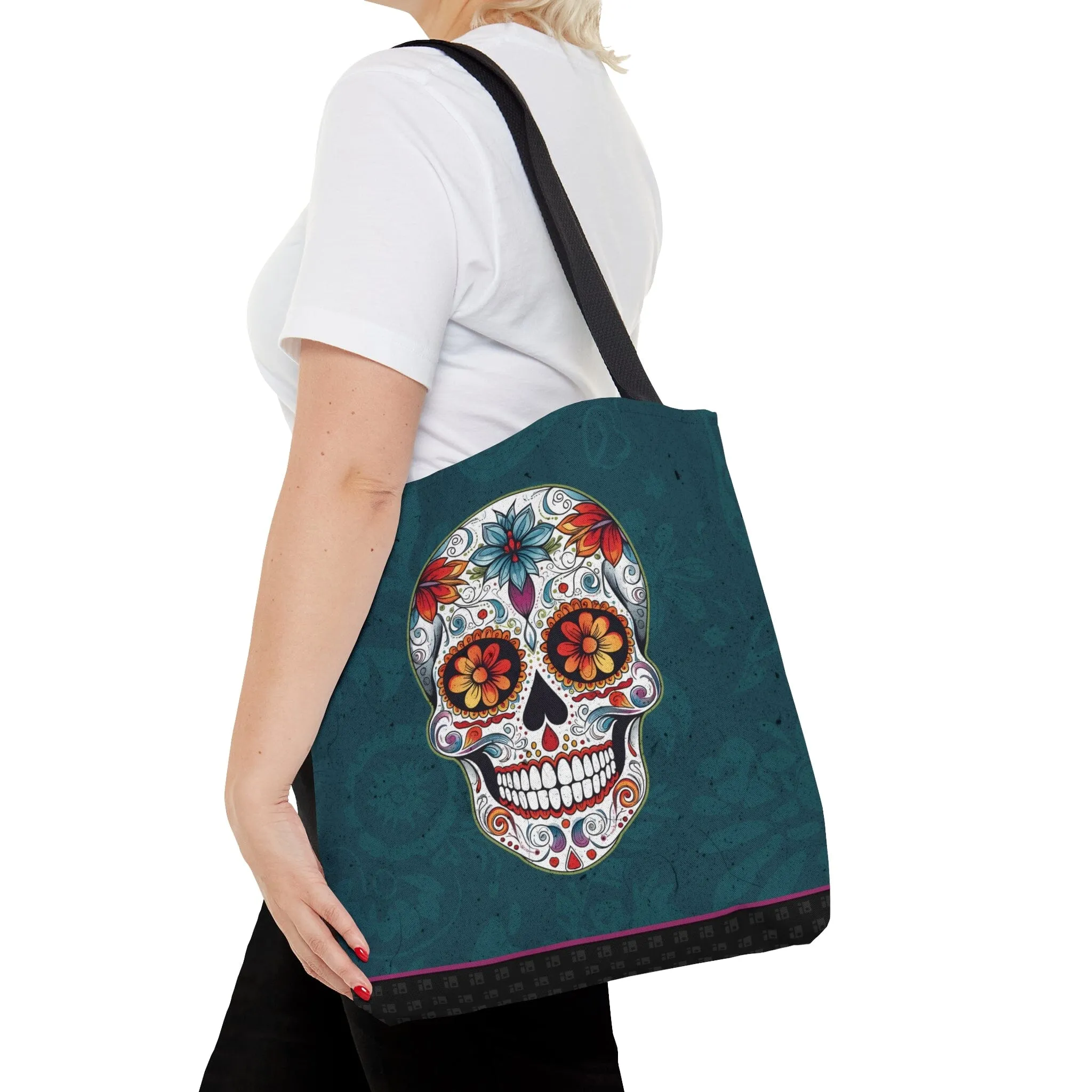 Blue Traditional Mexican Sugar Skull Tattoo Tote Bag
