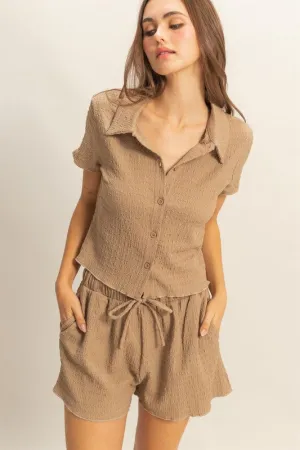 Brown Textured Short Sleeve Top and Drawstring Shorts Knit Set