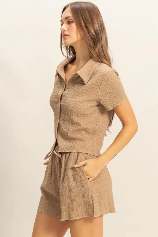 Brown Textured Short Sleeve Top and Drawstring Shorts Knit Set