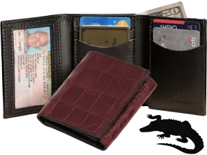 Burgundy Alligator Luxury Designer Exotic Trifold Wallet With ID Window