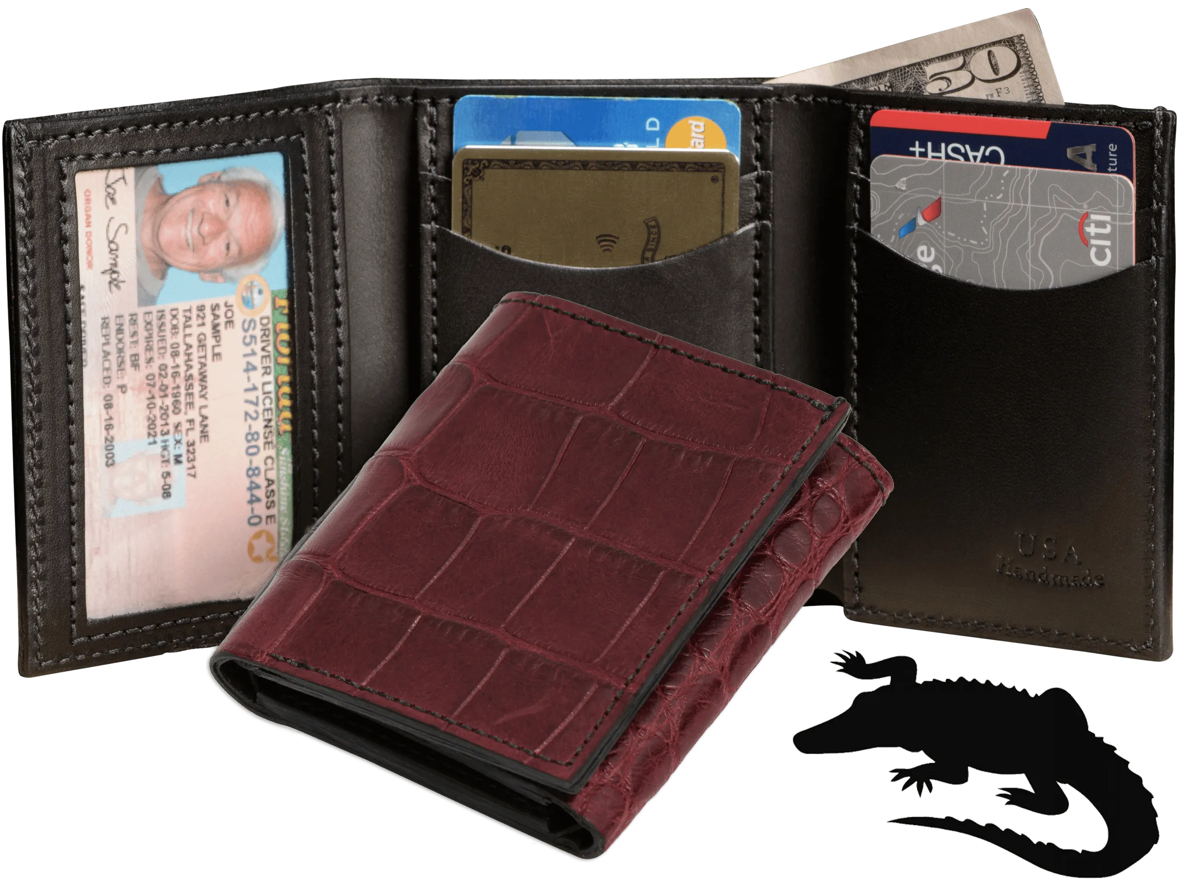 Burgundy Alligator Luxury Designer Exotic Trifold Wallet With ID Window