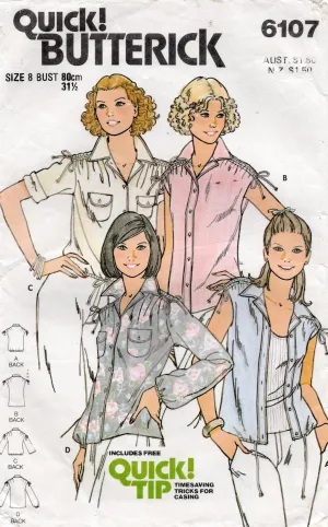 Butterick 6107 Womens Drawstring Shoulder Blouses 1980s Vintage Sewing Pattern Size 8 10 or 12
