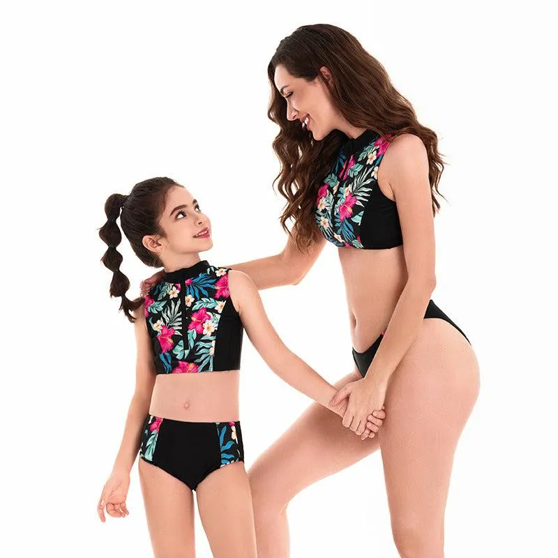 Chic Tropical Floral High-Neck Swimsuit Set for Women and Girls - Zippered, Sleeveless, Quick-Dry Swimwear
