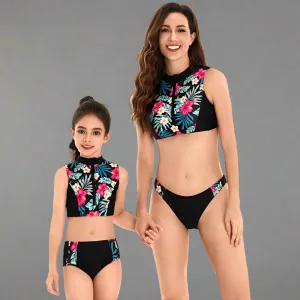 Chic Tropical Floral High-Neck Swimsuit Set for Women and Girls - Zippered, Sleeveless, Quick-Dry Swimwear