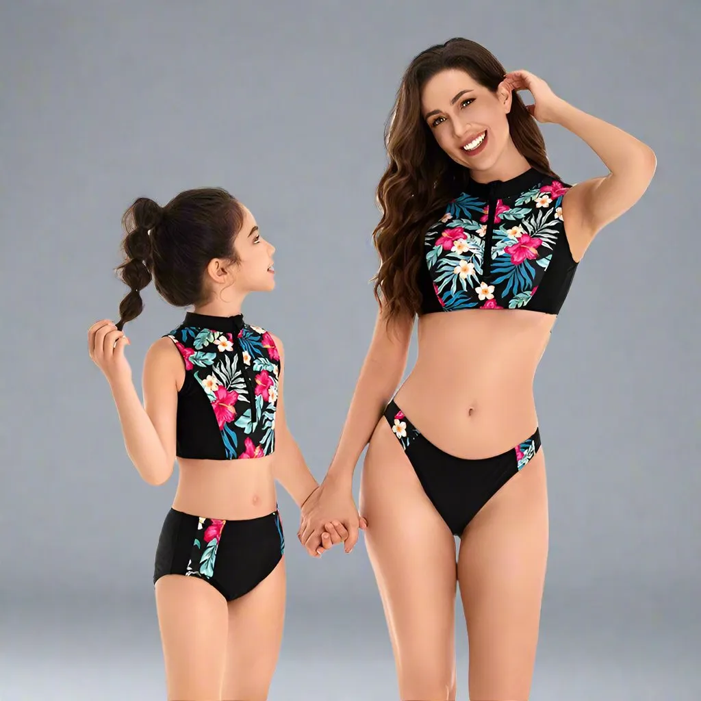 Chic Tropical Floral High-Neck Swimsuit Set for Women and Girls - Zippered, Sleeveless, Quick-Dry Swimwear