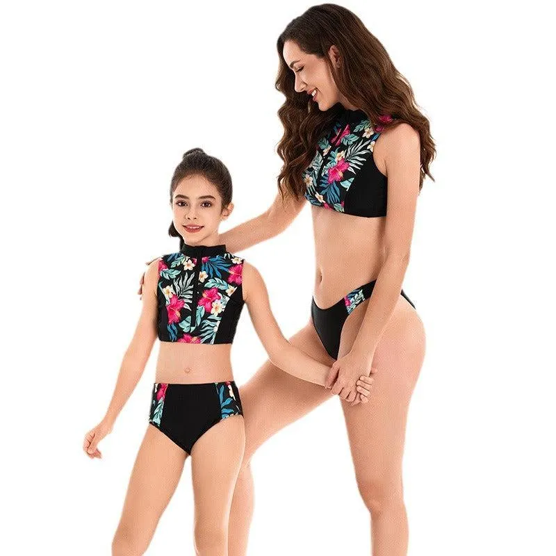 Chic Tropical Floral High-Neck Swimsuit Set for Women and Girls - Zippered, Sleeveless, Quick-Dry Swimwear