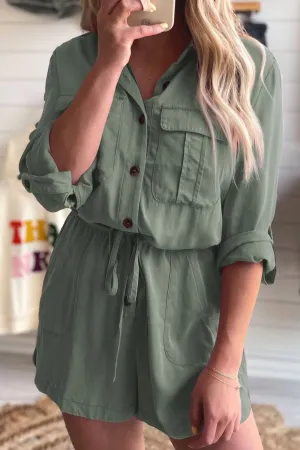 Collared Neck Drawstring Roll-Tab Sleeve Romper (2 Colors)