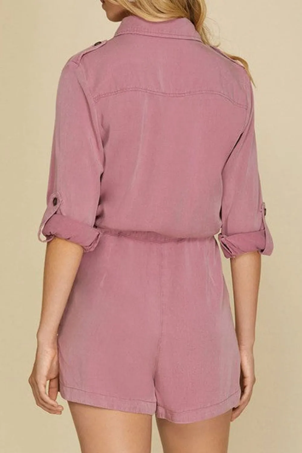 Collared Neck Drawstring Roll-Tab Sleeve Romper (2 Colors)
