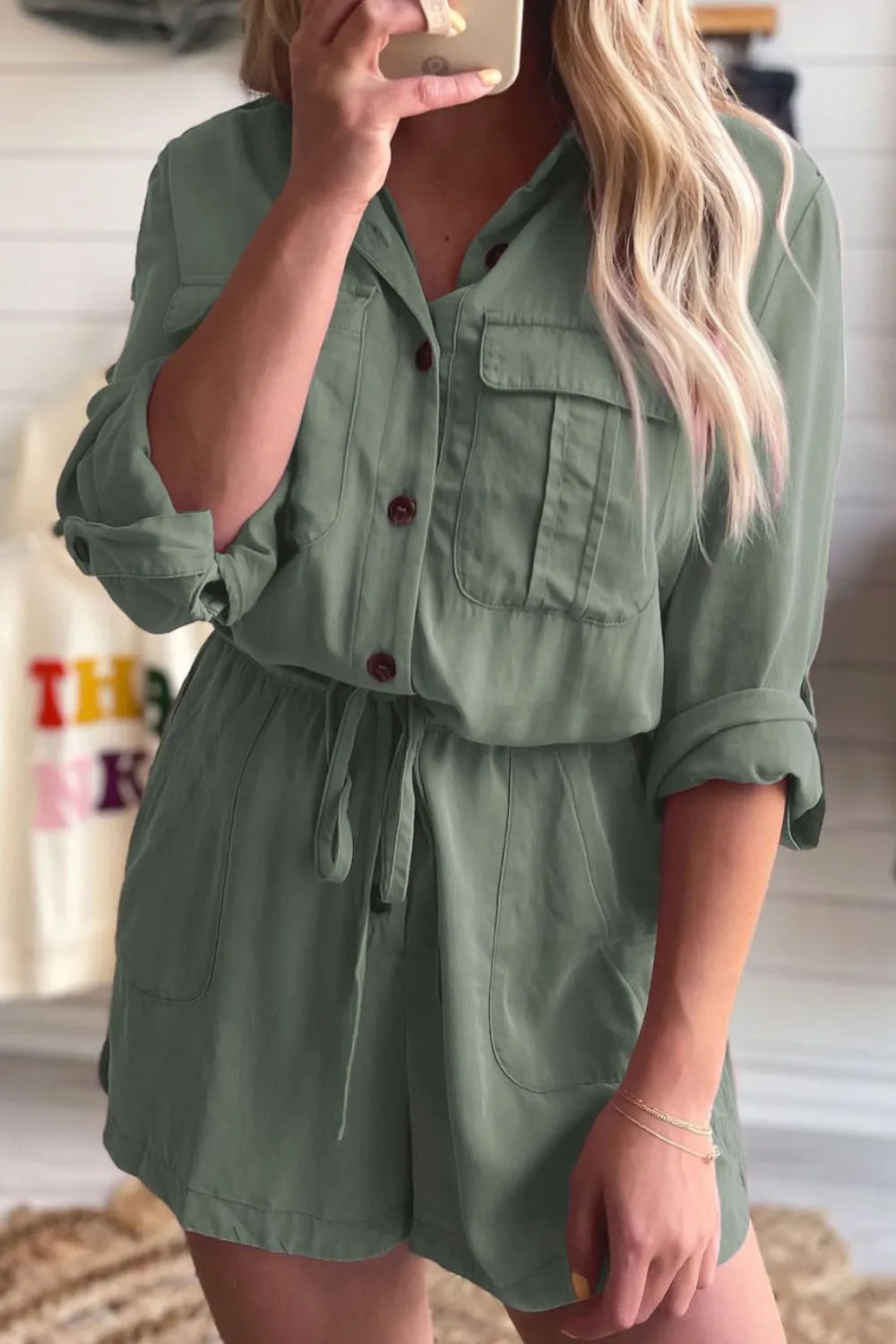 Collared Neck Drawstring Roll-Tab Sleeve Romper (2 Colors)