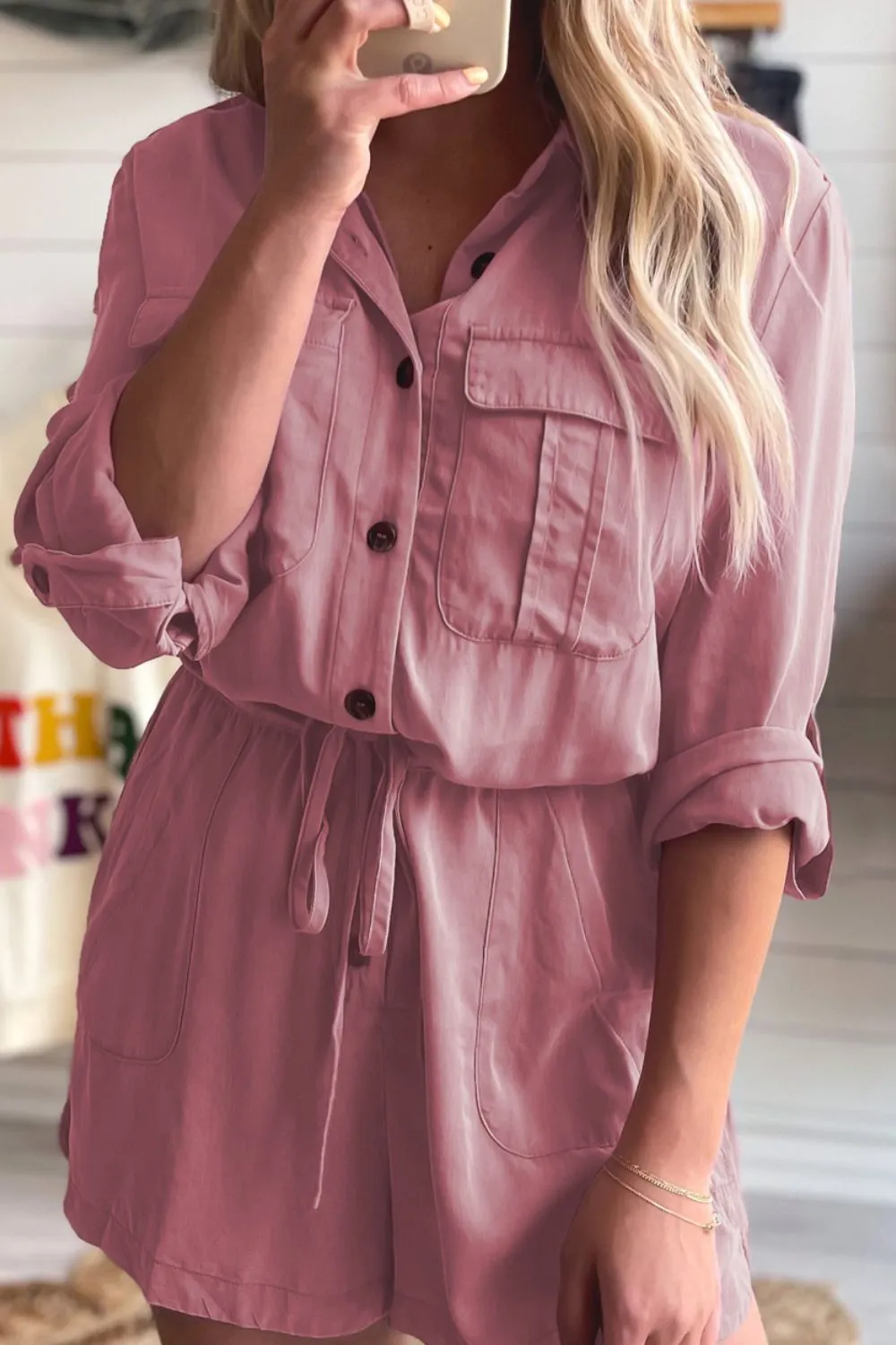 Collared Neck Drawstring Roll-Tab Sleeve Romper (2 Colors)