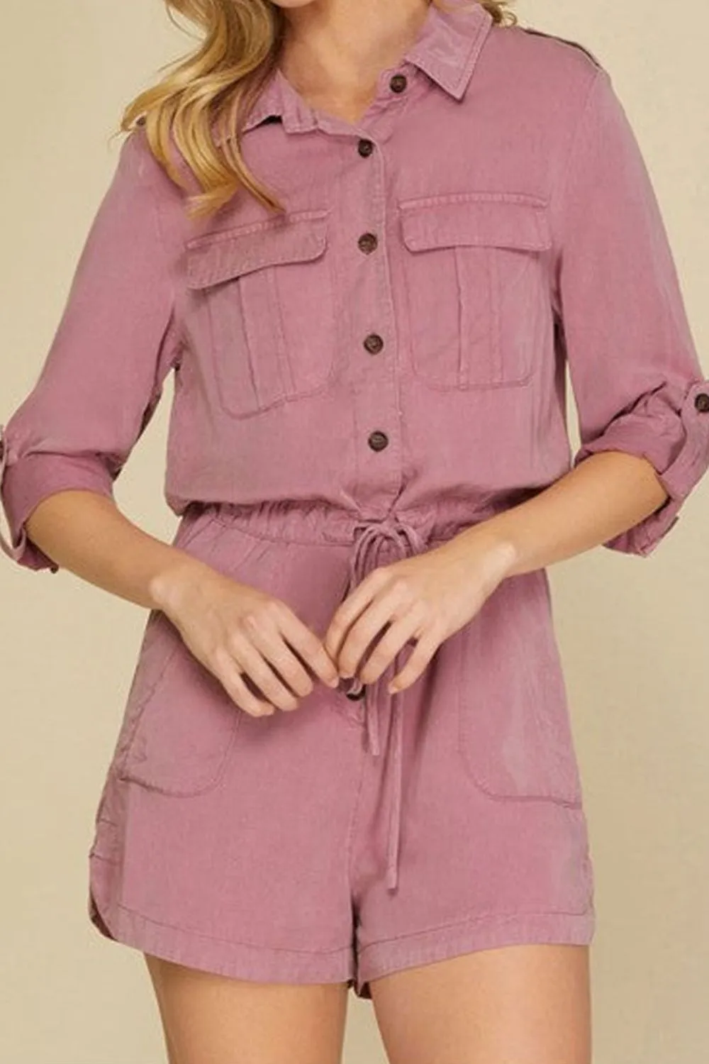 Collared Neck Drawstring Roll-Tab Sleeve Romper (2 Colors)