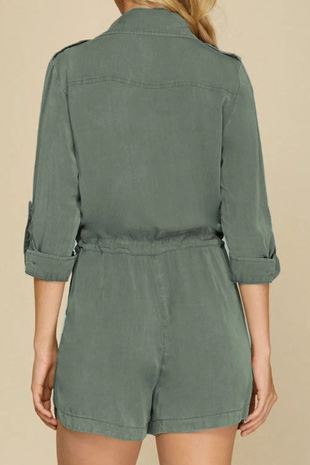 Collared Neck Drawstring Roll-Tab Sleeve Romper (2 Colors)