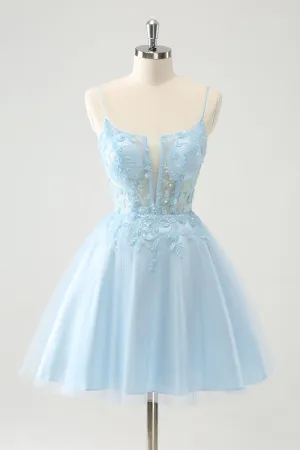 Cute Sparkly Blue A Line Sequins Corset Short Homecoming Dress with Lace Up Back