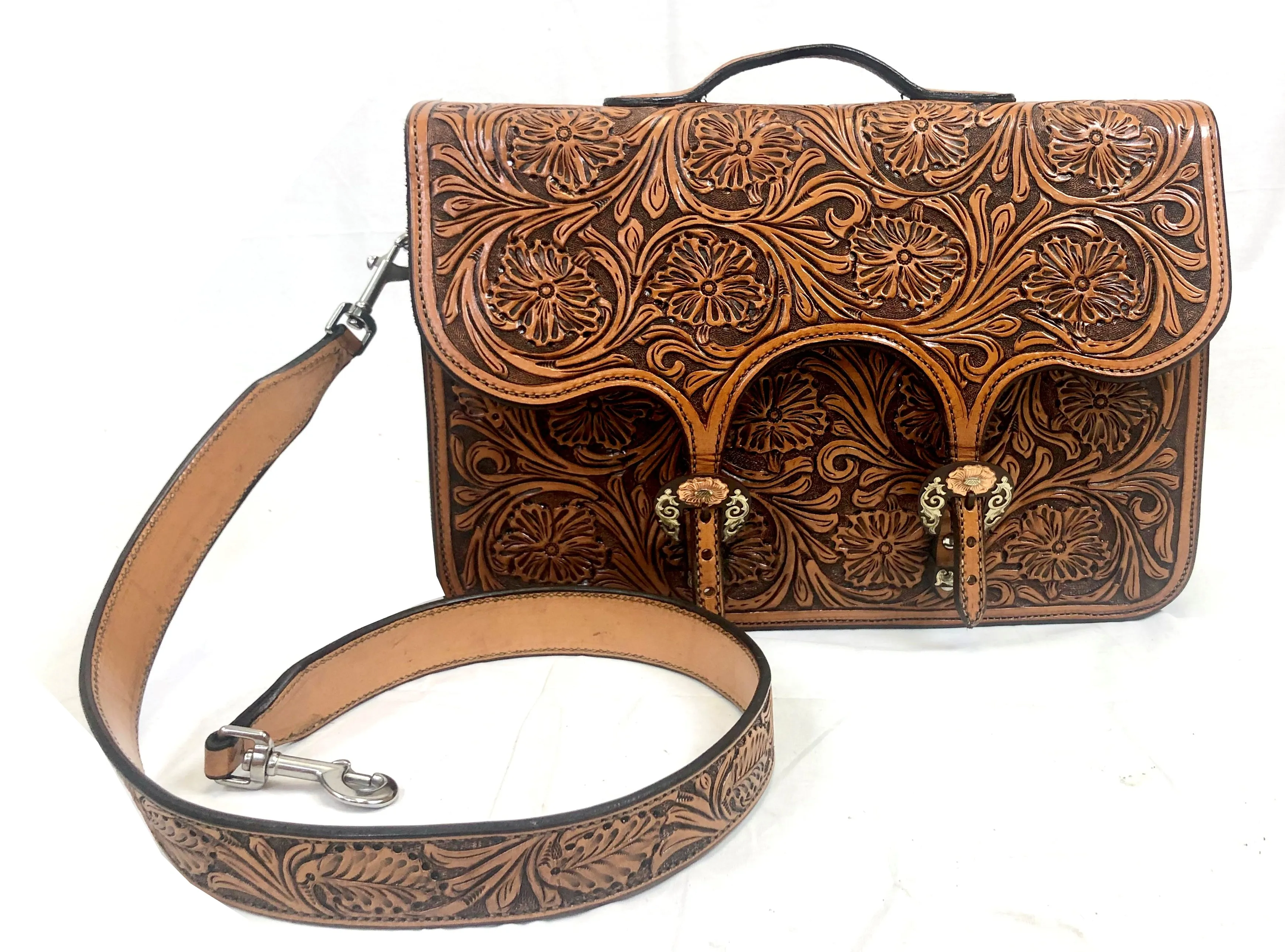 Floral Tooled Briefcase with Cow Hide