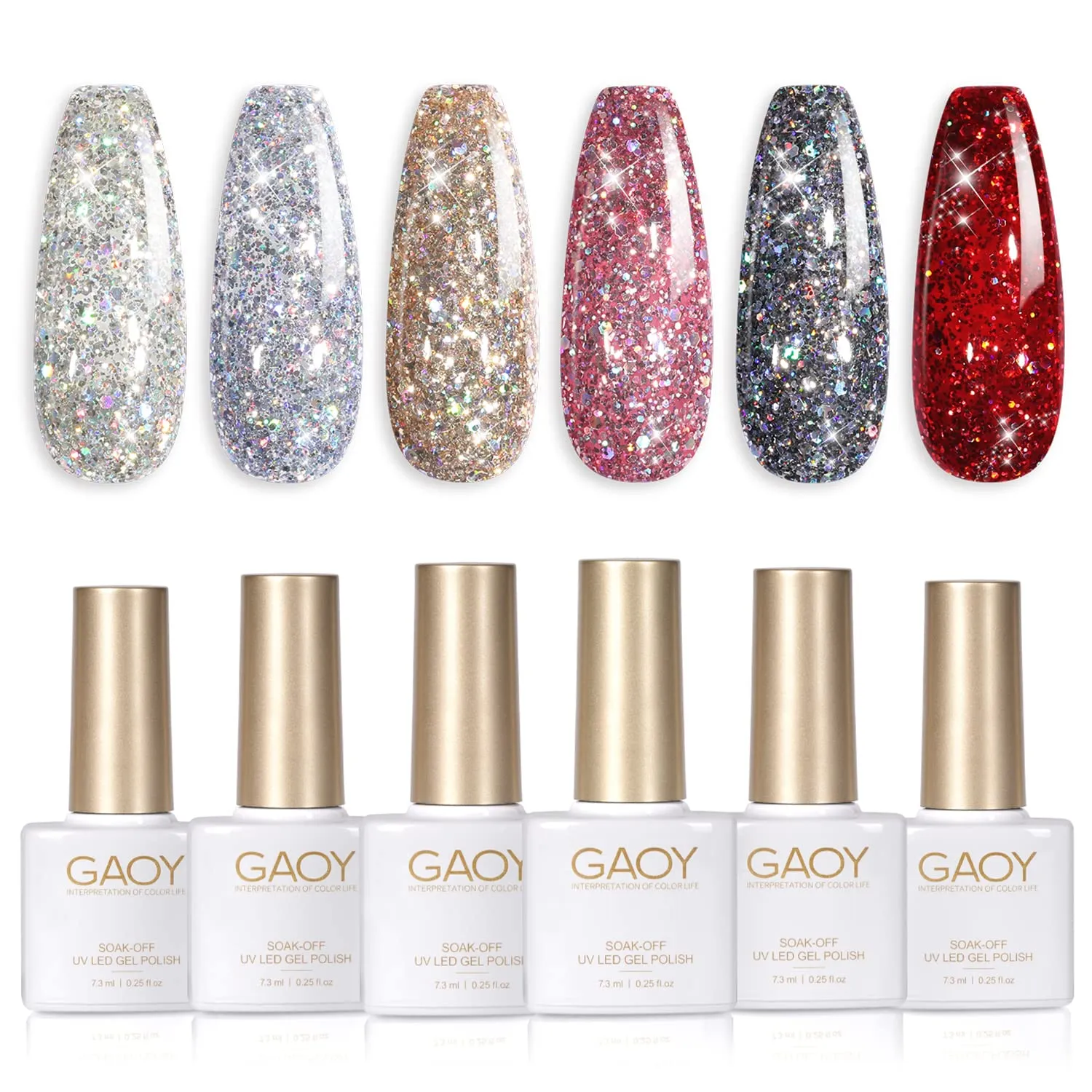 GAOY Chrome Platinum Glitter Gel Nail Polish Set of 6 Colors Including Sparkly Shiny Black Silver Pink Gel Polish Kit UV LED Soak Off Nail Polish Home DIY Manicure Nail Salon Varnish