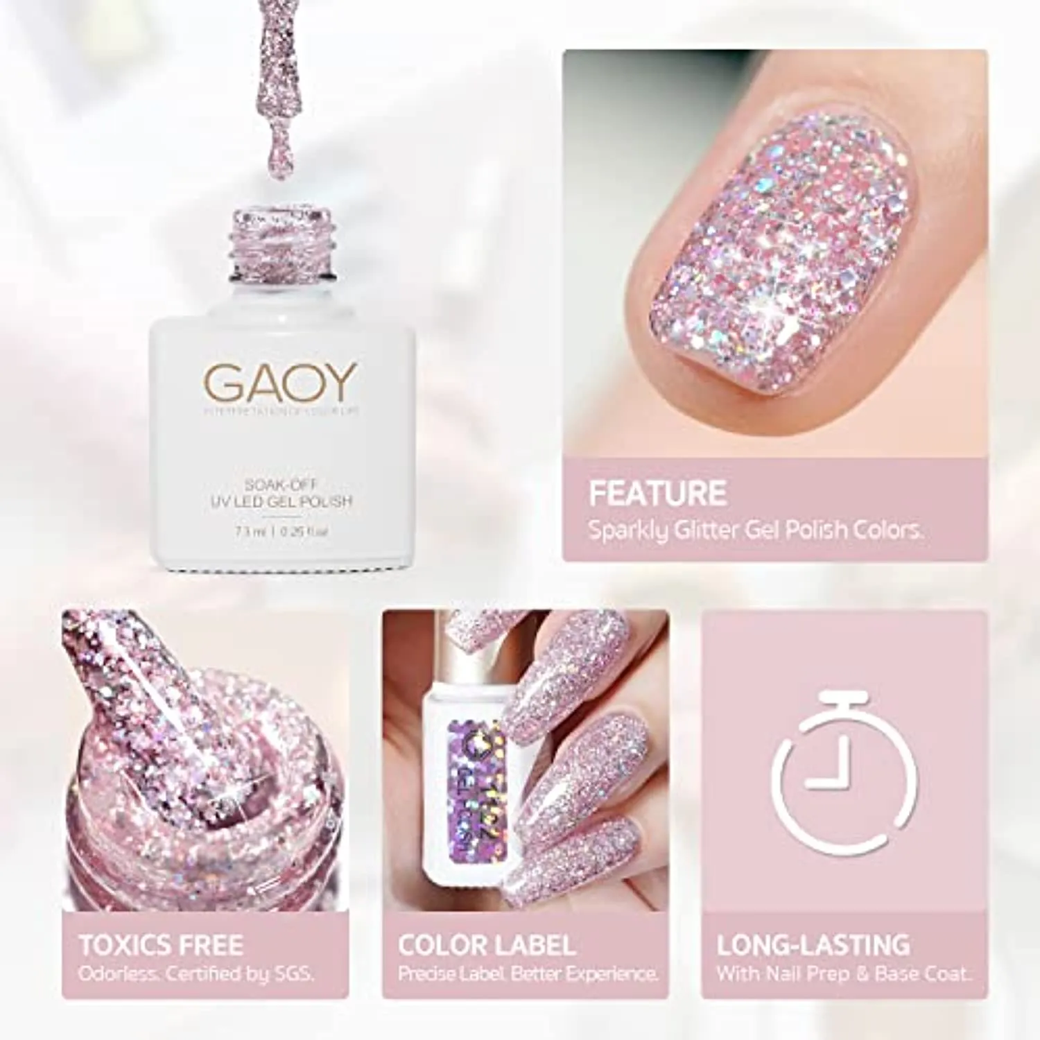 GAOY Chrome Platinum Glitter Gel Nail Polish Set of 6 Colors Including Sparkly Shiny Black Silver Pink Gel Polish Kit UV LED Soak Off Nail Polish Home DIY Manicure Nail Salon Varnish