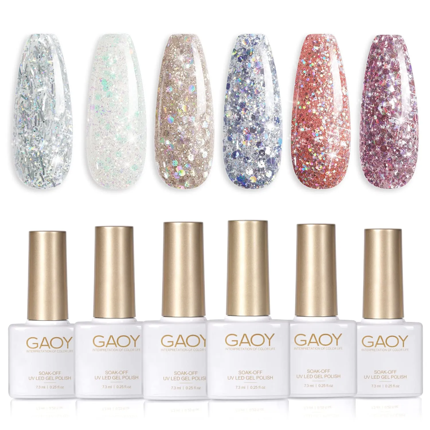 GAOY Chrome Platinum Glitter Gel Nail Polish Set of 6 Colors Including Sparkly Shiny Black Silver Pink Gel Polish Kit UV LED Soak Off Nail Polish Home DIY Manicure Nail Salon Varnish