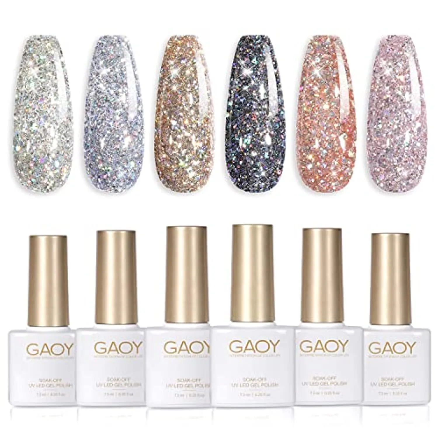 GAOY Chrome Platinum Glitter Gel Nail Polish Set of 6 Colors Including Sparkly Shiny Black Silver Pink Gel Polish Kit UV LED Soak Off Nail Polish Home DIY Manicure Nail Salon Varnish