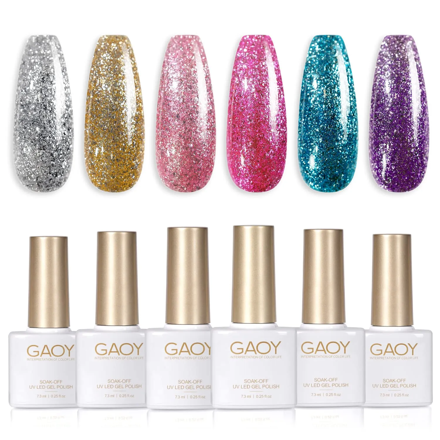 GAOY Chrome Platinum Glitter Gel Nail Polish Set of 6 Colors Including Sparkly Shiny Black Silver Pink Gel Polish Kit UV LED Soak Off Nail Polish Home DIY Manicure Nail Salon Varnish