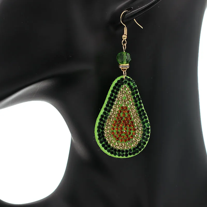 Green Avocado Beaded Pave Rhinestone Felt Earrings