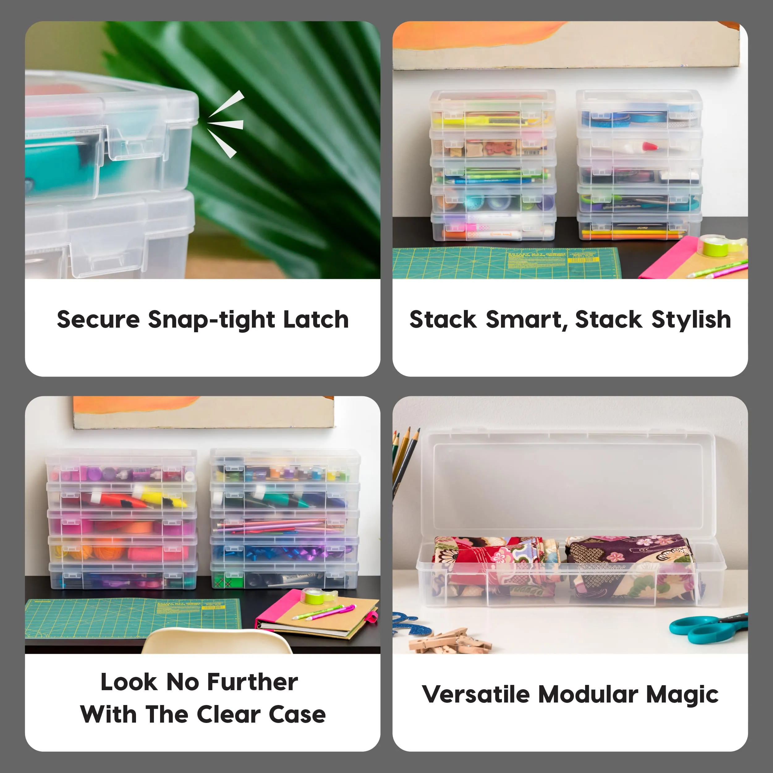 IRIS USA Big Capacity Plastic Pencil Case Box Craft Hobby Art School Office Supply Stackable Storage Organizer Container Pouch with Snap Lid, 10-Pack, Pens Journaling Washi Tape Sticker, Clear, Medium