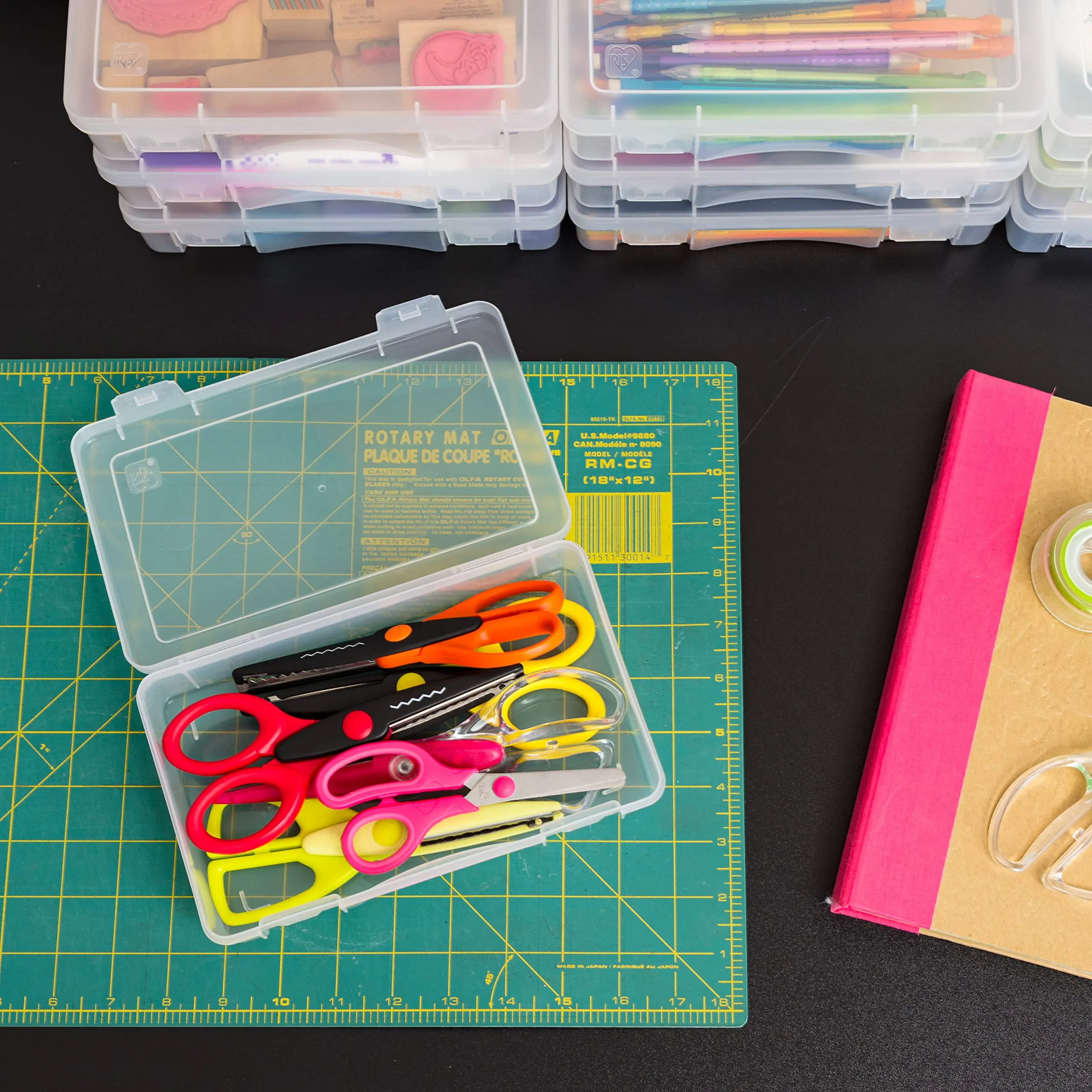 IRIS USA Big Capacity Plastic Pencil Case Box Craft Hobby Art School Office Supply Stackable Storage Organizer Container Pouch with Snap Lid, 10-Pack, Pens Journaling Washi Tape Sticker, Clear, Medium