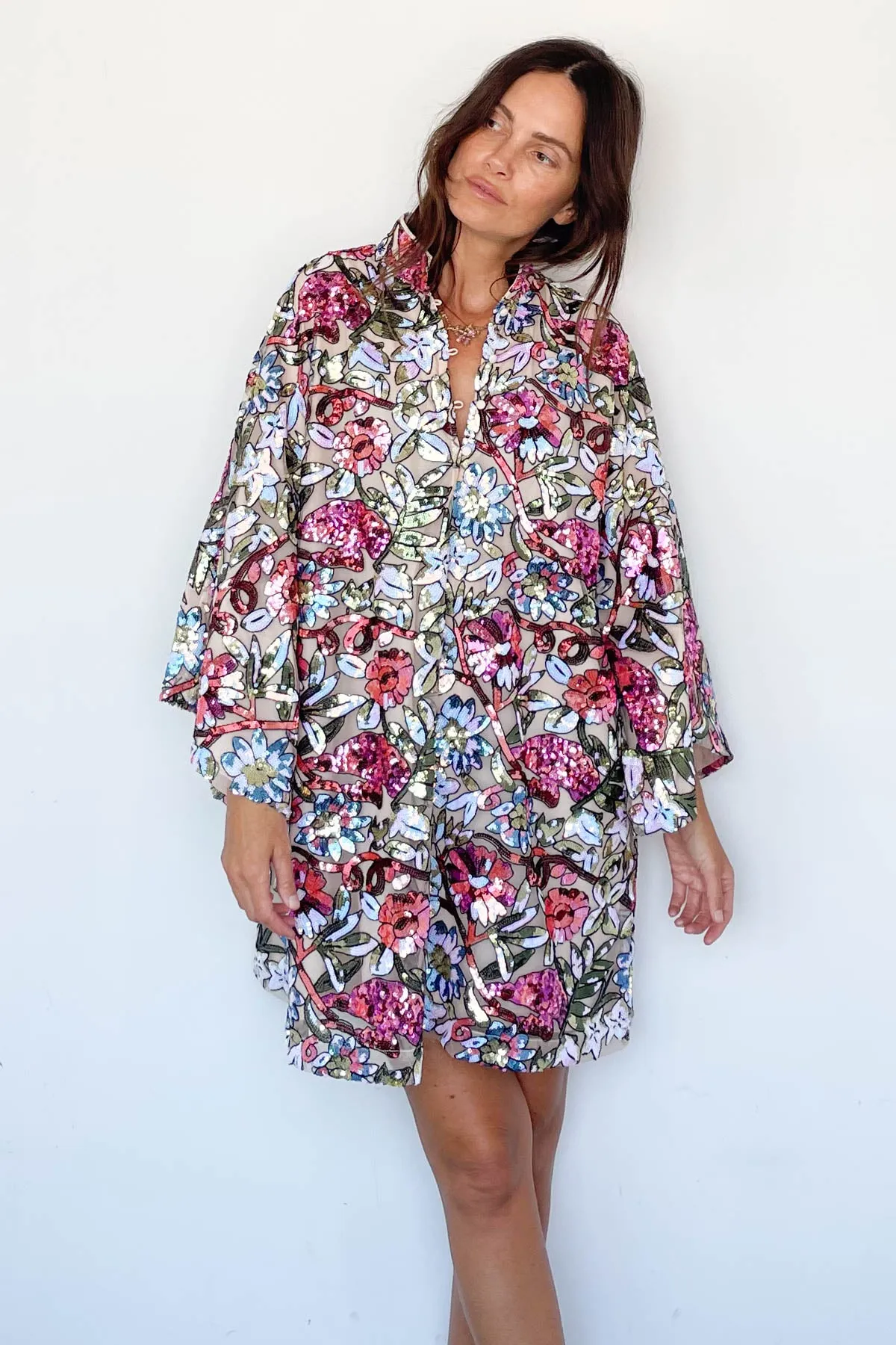 Jewel Floral Sequin Mini Caftan