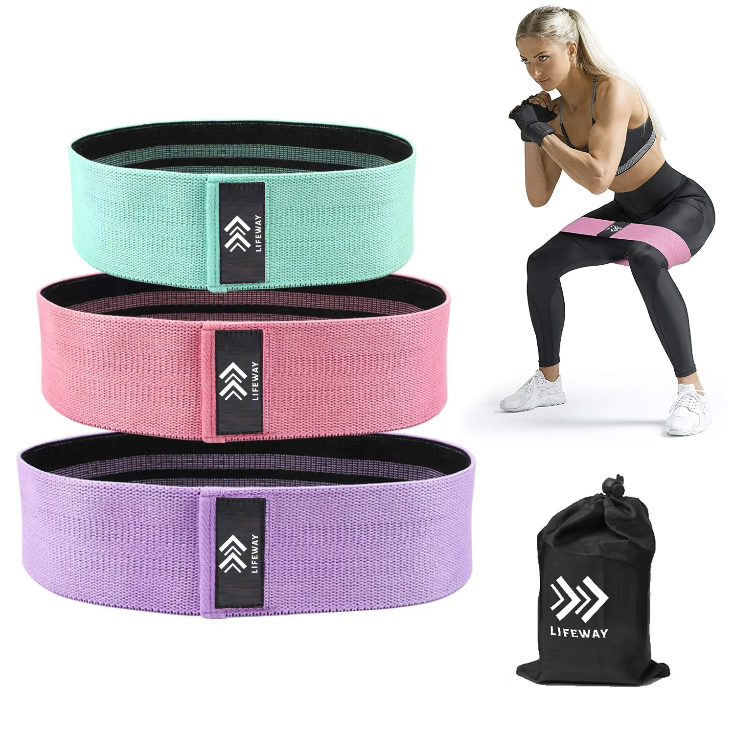 LIFEWAY Resistance Bands for Legs and Butt - Booty Bands Set - 3 Packs with Carrying Bag