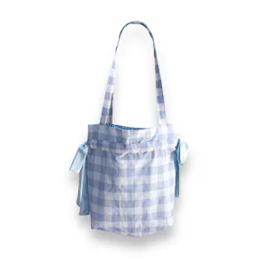 Light Blue Gingham Bow Tote Bag