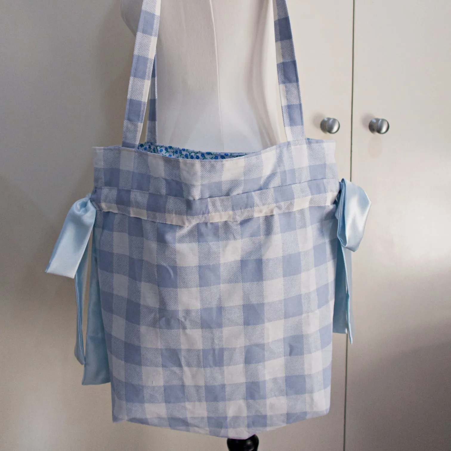 Light Blue Gingham Bow Tote Bag